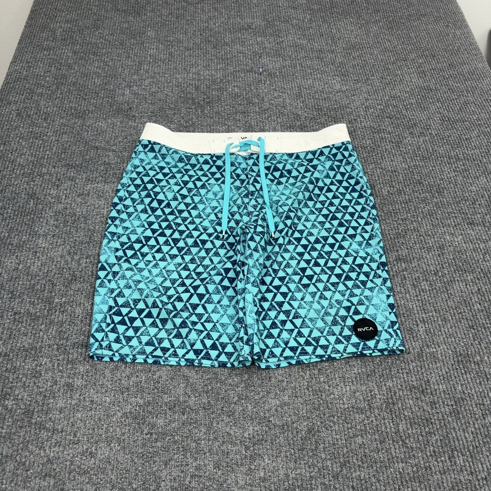 RVCA Board Shorts Mens 34 Teal Polyester Geometric Triangle Print Surf Beach